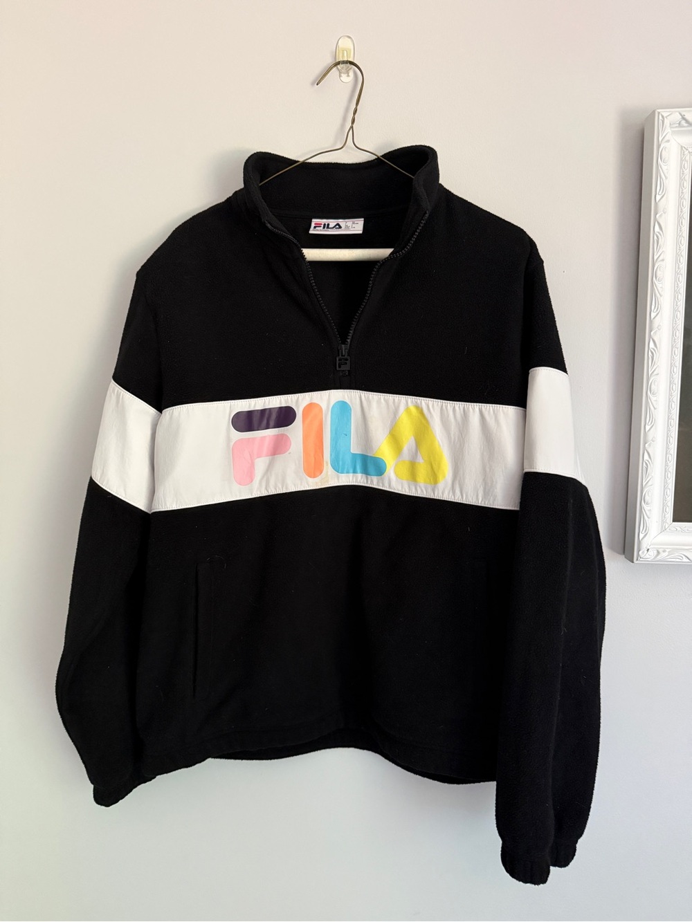 Fila Quarter Zip Fleece Pullover Black Colorblock Logo L